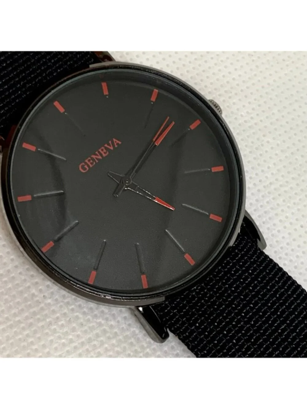 Geneva men’s black tone watch 40mm round case quartz analog nylon band running